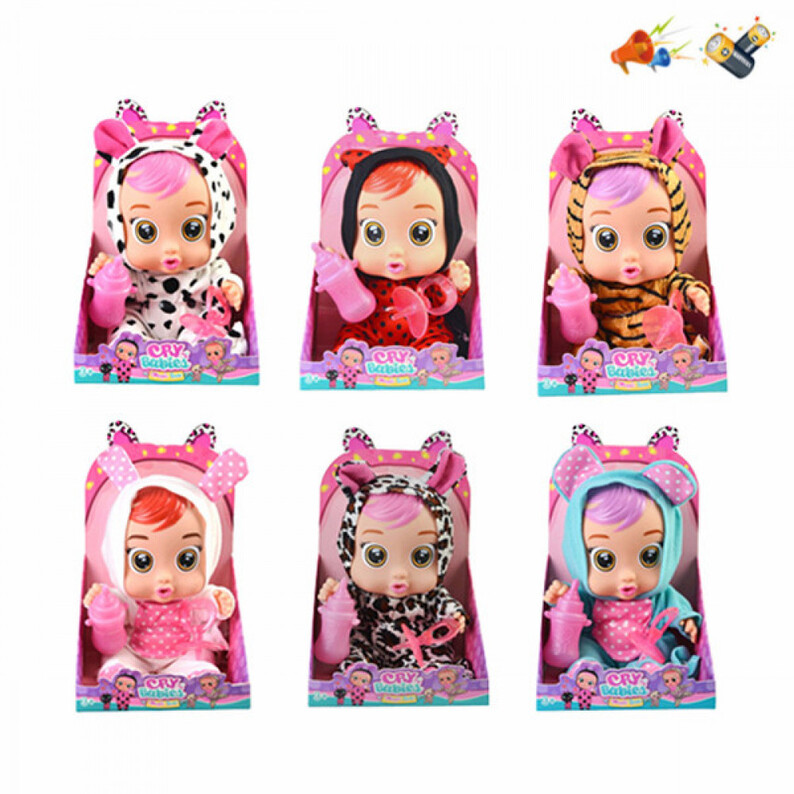 Doll in an open box with different characters, voice, 6 forms crying with tears