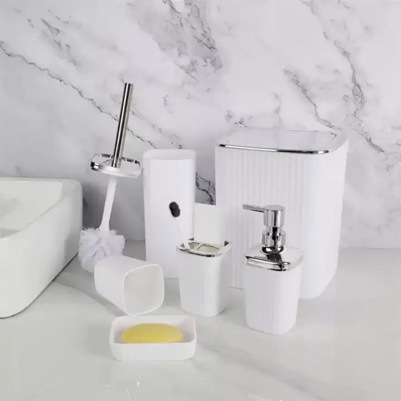 A set of plastic bathroom accessories