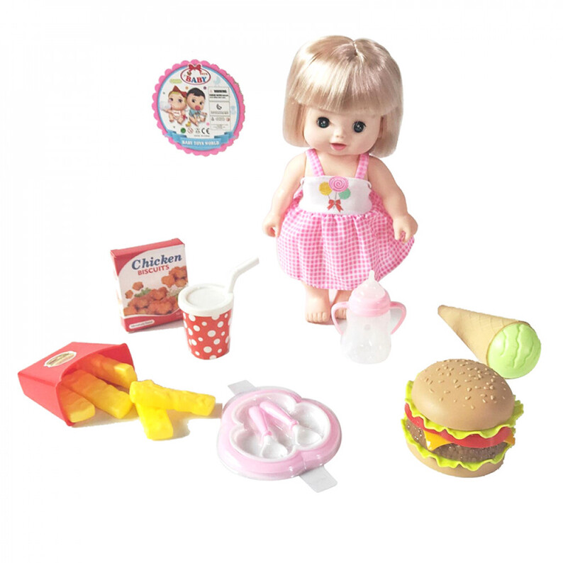 Doll with a set of food, in a net